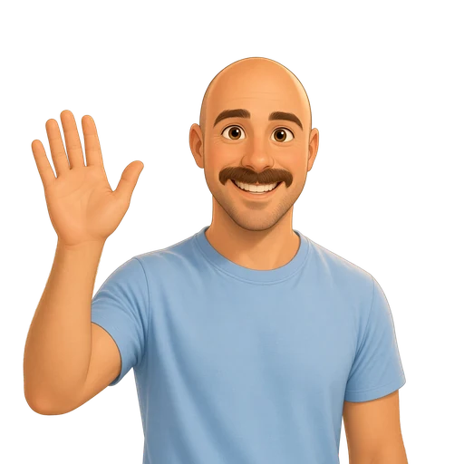 Cartoon of Lewis, bald with a moustache and a blue T-shirt, waving hello